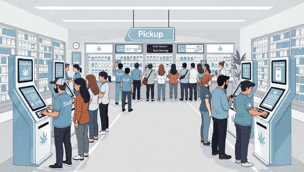 Traditional dispensary — crowded, staff-heavy, long lines
